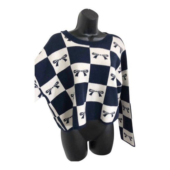 Sincerely Jules navy blue & cream checkerboard look dark blue bow sweater size L - Picture 6 of 9